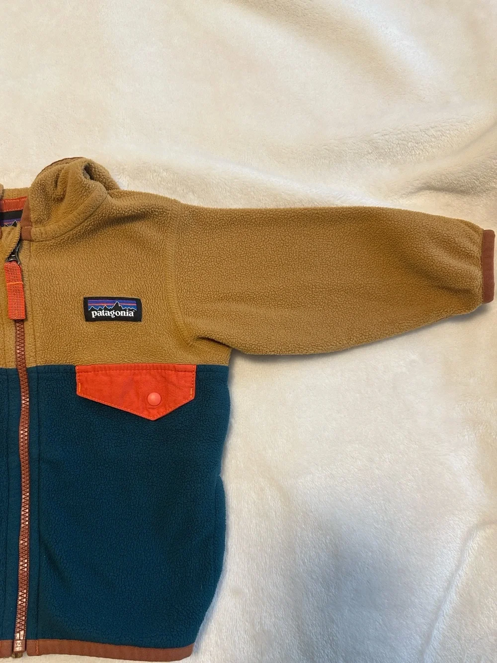 Patagonia Kids Colorblock Fleece Jacket w/ Hood - Mustard, Blue & Orange 3-6M